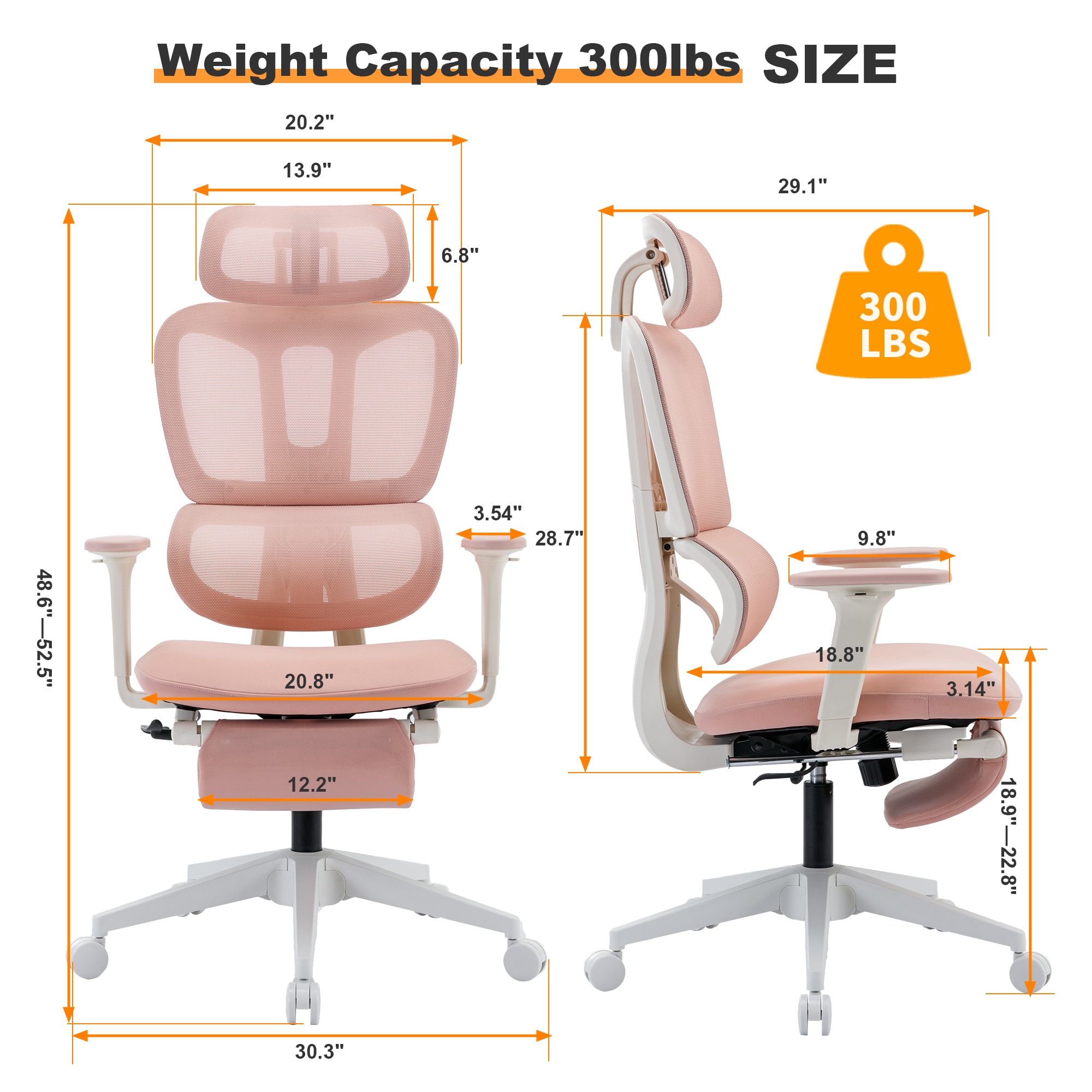 Multi-functional Ergonomic Mesh Office Chair With Adjustable Armrest,Footrest,Lumbar Support, 360° Silent Wheels,Headrest For Home & Office,Pink_voghion.com